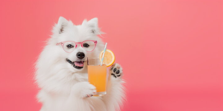Cute white fluffy dog with lemonade. Fuzzy peach background with space to copy. For a summer banner, postcard, calendar, advertisement of a veterinary clinic, pet store, grooming salon