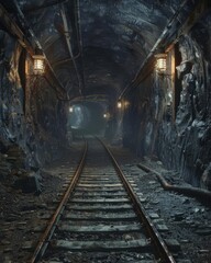 Naklejka premium Abandoned mining tunnel with tracks, dark and mysterious, glowing lamps, high detail
