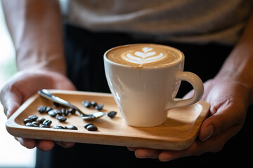 White ceramic cups of cappuccino with latte art Barista make coffee by pouring spills hot milk cream on black coffee. Barista serve holding cup of hot latte and coffee beans on wooden table cafe shop