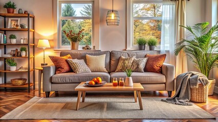 Cozy living room interior with a comfortable couch, throw pillows, and a warm atmosphere, conveying relaxation, happiness, and a healthy lifestyle.