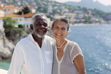 Obraz premium Portrait of a glad mixed race couple in their 70s wearing a classic white shirt isolated on picturesque seaside village