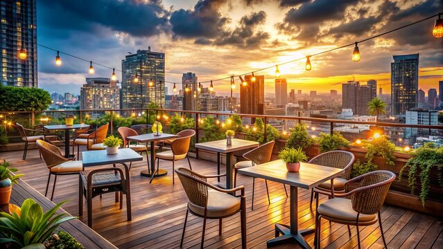 Cozy rooftop cafe setting with empty chairs and tables, warm lighting, and a stunning cityscape view, evoking a sense of friendship and joyful gathering.