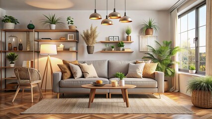 Cozy living room interior with stylish furniture and decorative items, empty sofa and modern decor, conveying a sense of new beginnings and warmth.