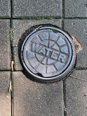 Stamped metal water pipe cover in a sidewalk