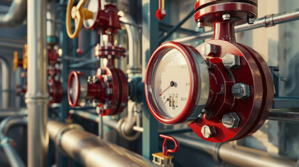 An industrial scene with close-up of gauges and valves on a complex network of pipes, emphasizing precision engineering and functionality.