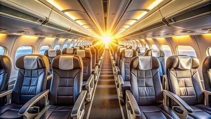 Inside airplane cabin, empty seats and overhead compartments, with sunny window view, conveying a sense of excitement and adventure before takeoff.