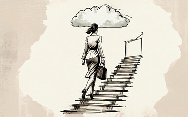 Simple sketch of a one office worker women carrying a bag walking on ladder to go to the clouds, goal, ambition, success concept