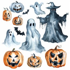 Set of Halloween watercolor with pumpkins and ghosts. 