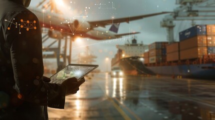 World map with logistic network distribution, Logistic and transport concept in front Industrial Container Cargo freight ship for Concept of fast or instant shipping, Online goods orders worldwide