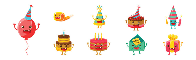 Happy Birthday Object with Funny Face and Arms Vector Set