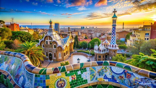 Vibrant mosaic benches and whimsical architecture of park guell in barcelona, spain, create a stunning backdrop for a dreamy summer vacation getaway.