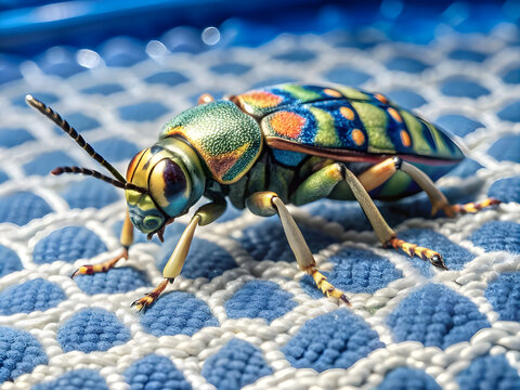 colorful vivid jewelry beetle in the vivid blue and texture background.