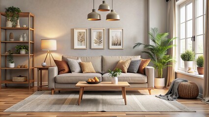 Cozy living room interior with stylish furniture, empty sofa, and neutral decor, conveying a sense of warmth and comfort in a newly acquired home.