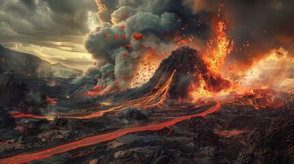 A dramatic shot of a volcanic eruption with vibrant red and orange lava contrasting against a dark ash cloud.
