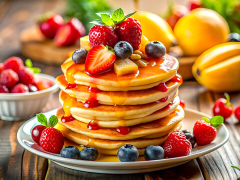 Crepes with fresh berries. Pancakes stack with strawberry, blueberry and honey