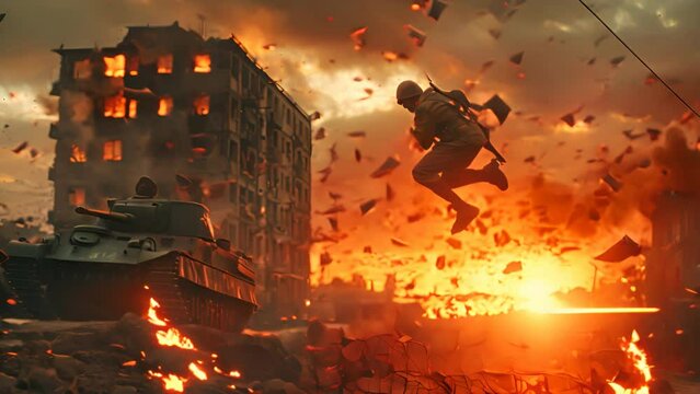 Male soldier in uniform, jumping the fence, tank, Stalingrad, explosions,generative ai