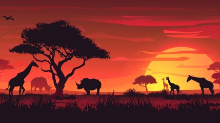 A group of animals are gathered around a tree in the wild
