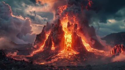 A dramatic shot of a volcanic eruption with vibrant red and orange lava contrasting against a dark ash cloud.