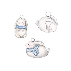 Christmas tree toys white rabbit with a blue scarf on a white background. Watercolor New Year's illustration. Christmas decorations. White Christmas Bunny. Christmas. New Year. Suitable for design.