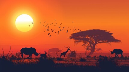 A group of animals are gathered around a tree in the wild