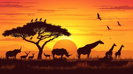 A group of animals are gathered around a tree in the wild