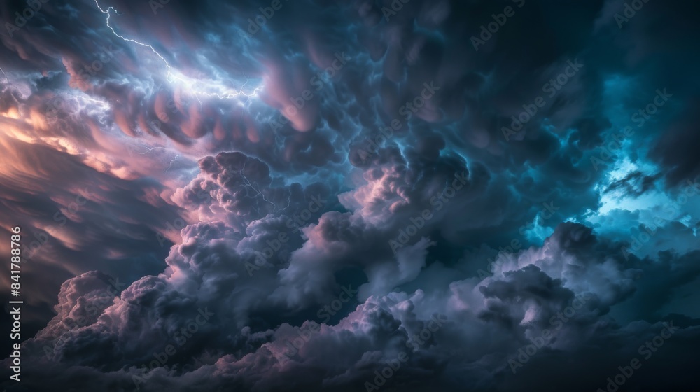 Poster a dramatic sky filled with dark storm clouds and flashes of lightning, capturing the raw power and b
