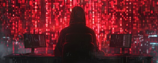 Hooded hacker working at a dual monitor setup, glowing red code matrix background, dark and intense cybercrime scene, digital security breach
