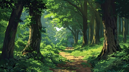 Naklejka premium Sunlit path through a dense, lush, green forest. Vibrant, serene atmosphere with towering trees and abundant foliage on a bright summer day.