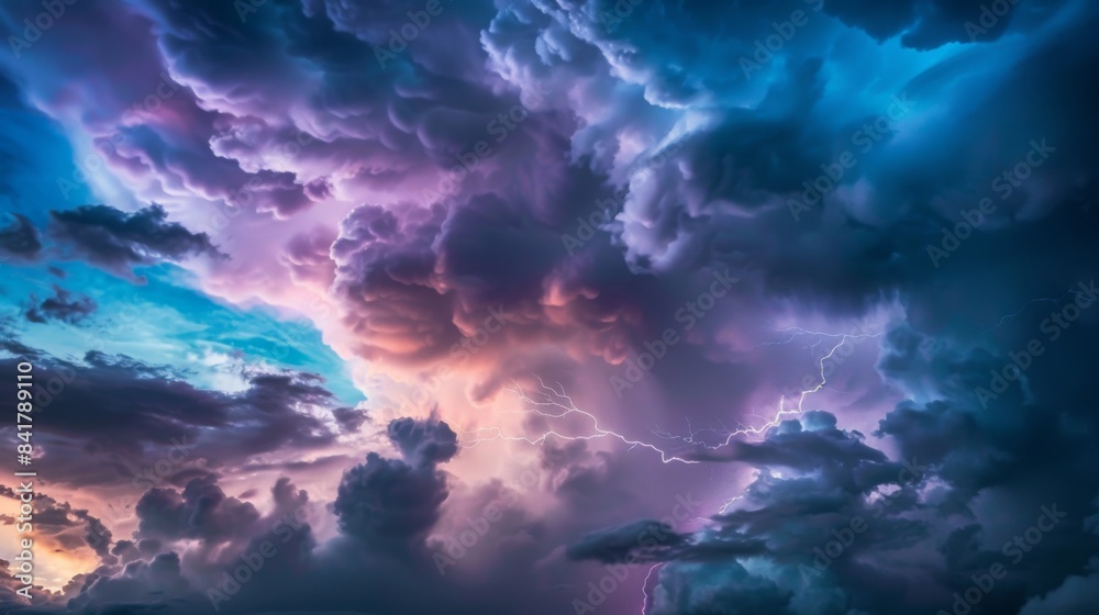 Poster a dramatic sky filled with dark storm clouds and flashes of lightning, capturing the raw power and b