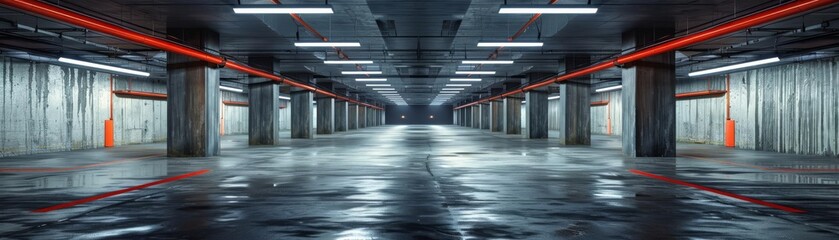 Industrial parking structure, concrete walls, fluorescent lights, empty and detailed
