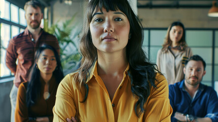 Fototapeta premium A focused businesswoman standing with confidence, backed by a supportive team in a contemporary office.