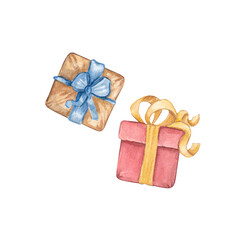 A set of Christmas gifts with a bow on a white background. Christmas. A Christmas box. Vintage illustration. Suitable for Christmas compositions and New Year's holidays. Postcards, design, pack.