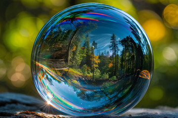 Autumn forest magic reflected in soap bubble