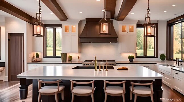 Cozy kitchen interior with cupboards, table and hanging lamp