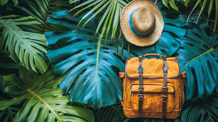 A stylish travel backpack and a straw hat with a blue ribbon hanging among lush tropical leaves, evoking a sense of adventure and vacation.
