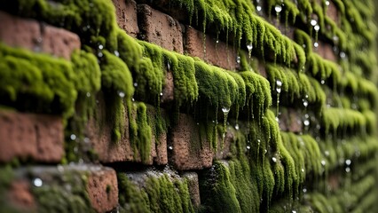 A brick wall covered in green moss and raindrops
