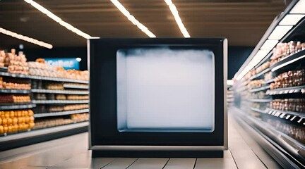 Blank advertising mockup in supermarket product shelf aisle