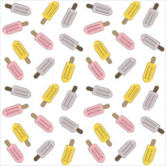 This vector illustration features a seamless pattern of colorful ice cream popsicles