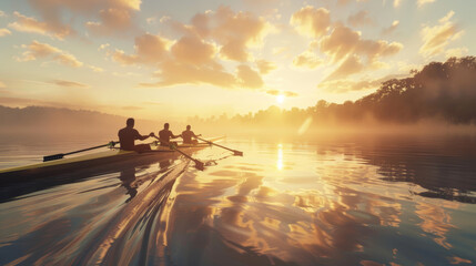 Three rowers silhouetted against a golden sunrise, rowing in perfect unison on a calm lake with mist rising, creating a serene and empowering scene.