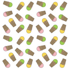 This vector illustration features a seamless pattern of ice cream cones in pastel colors. 