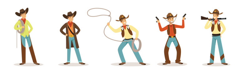 Obraz premium Man North American Cowboy Character in Hat Vector Set
