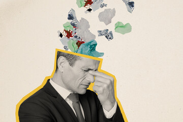 Trend artwork sketch image composite collage of silhouette young sad man suffer headache migraine...