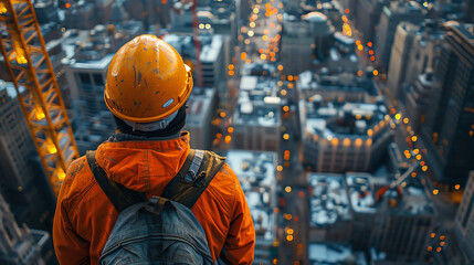 Fototapeta premium A construction worker stands on a rooftop, looking out over the city