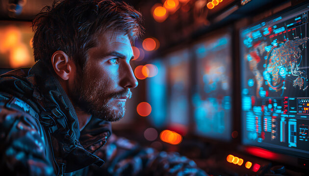 A young male soldier is sitting in a dark room, looking at a computer screen