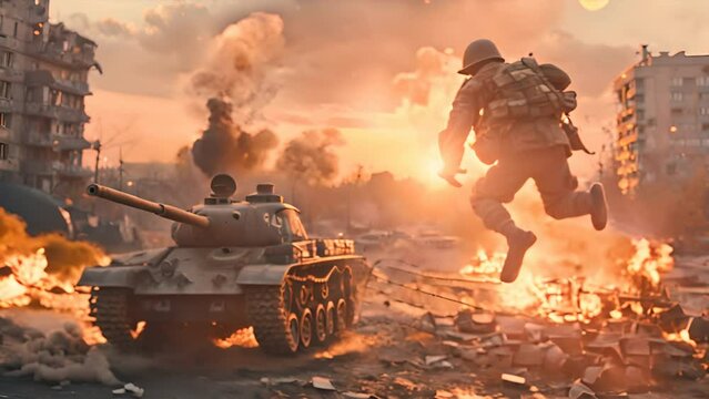 Male soldier in uniform, jumping the fence, tank, Stalingrad, explosions,generative ai