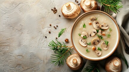 Creamy mushroom soup, a menu item for restaurant advertisement.