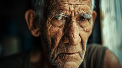Close-up portrait of an elderly man with profound wrinkles and a thoughtful expression.