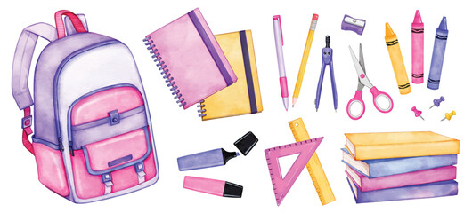 school supplies set, Back to school student equipment isolated watercolor elements collection. Backpack, notebooks, colored pencils and crayons, stationery and writing tools, Education concept
