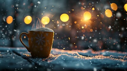 backlighted cup of hot steaming coffee drink or tea on night snowy background, mug with warm beverage in snow winter weather