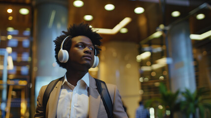 Fototapeta premium A young professional in a suit listens to music with headphones in a modern, bustling city environment, absorbing the lively atmosphere.